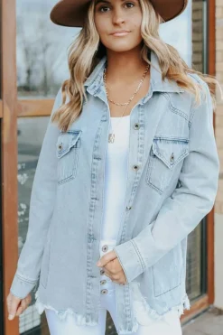 Outlet Dear-Lover Flap Pocket Buttoned Raw Hem Denim Jacket Sky Blue