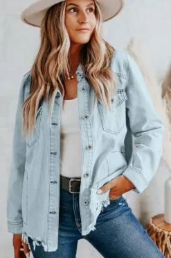 Outlet Dear-Lover Flap Pocket Buttoned Raw Hem Denim Jacket Sky Blue