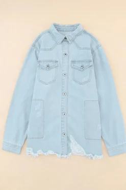 Outlet Dear-Lover Flap Pocket Buttoned Raw Hem Denim Jacket Sky Blue