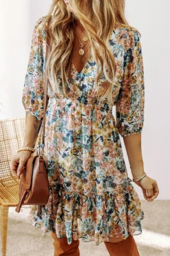 Sale Dear-Lover Floral 3/4 Sleeve V Neck High Waist Ruffled Dress Sky Blue