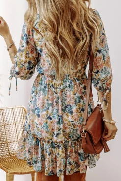 Sale Dear-Lover Floral 3/4 Sleeve V Neck High Waist Ruffled Dress Sky Blue