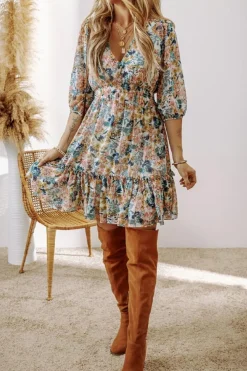 Sale Dear-Lover Floral 3/4 Sleeve V Neck High Waist Ruffled Dress Sky Blue