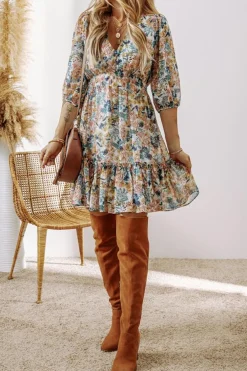 Sale Dear-Lover Floral 3/4 Sleeve V Neck High Waist Ruffled Dress Sky Blue