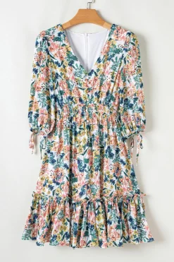 Sale Dear-Lover Floral 3/4 Sleeve V Neck High Waist Ruffled Dress Sky Blue