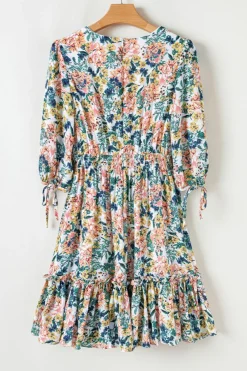 Sale Dear-Lover Floral 3/4 Sleeve V Neck High Waist Ruffled Dress Sky Blue