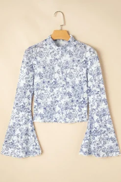 Clearance Dear-Lover Floral Bell Sleeve Mock Neck Crop Mesh Top Sky Blue