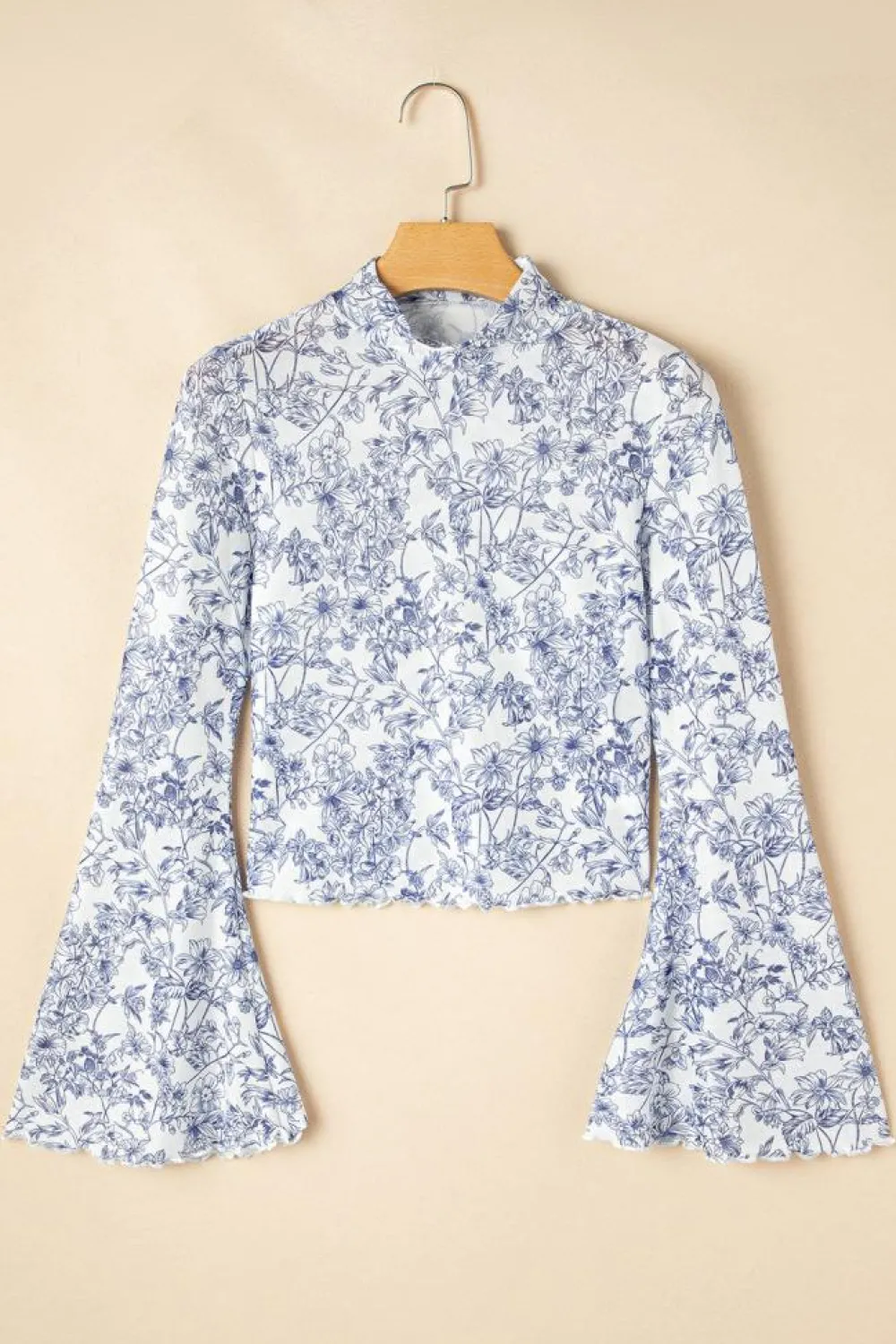 Clearance Dear-Lover Floral Bell Sleeve Mock Neck Crop Mesh Top Sky Blue