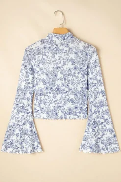 Clearance Dear-Lover Floral Bell Sleeve Mock Neck Crop Mesh Top Sky Blue