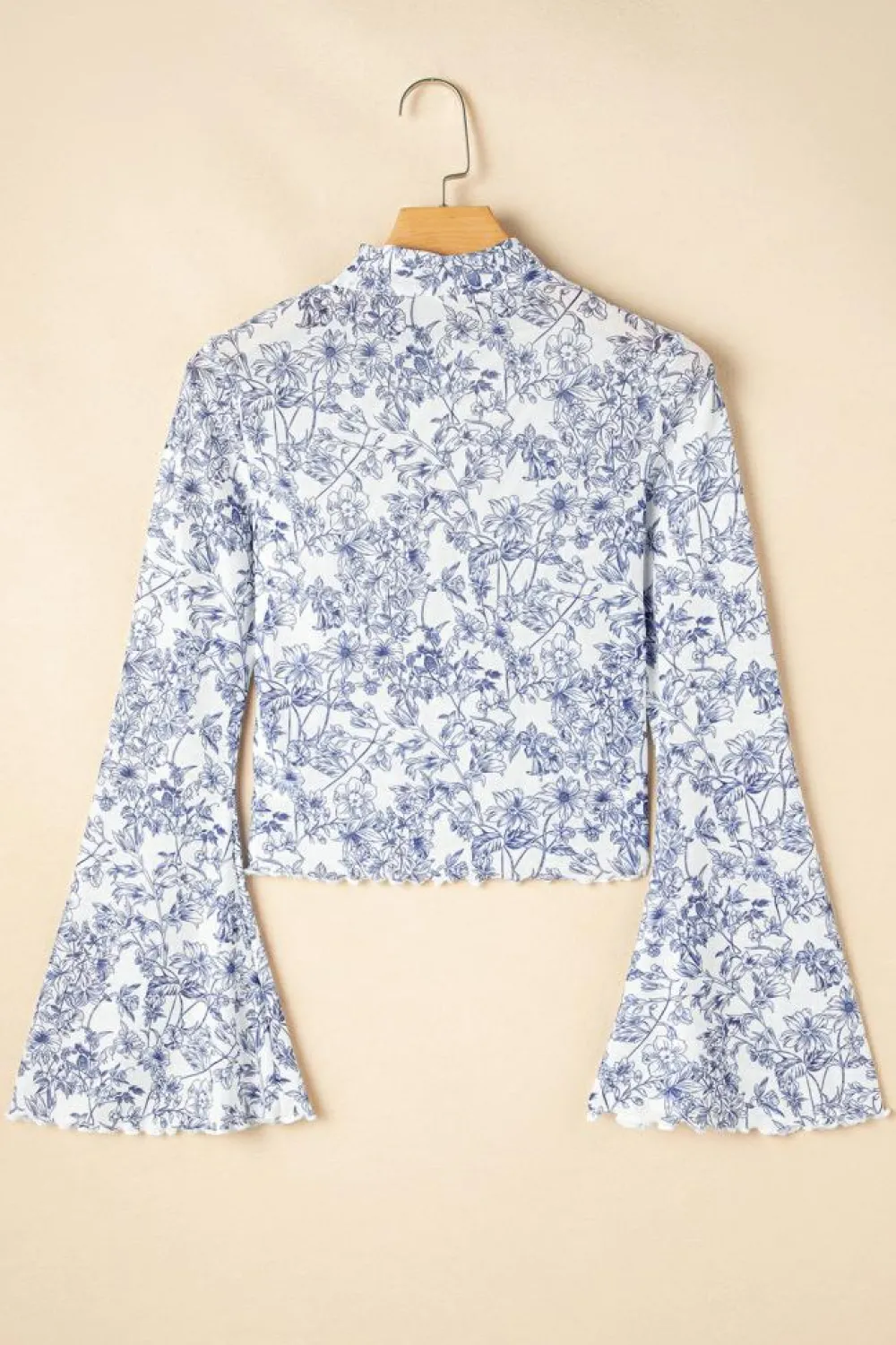 Clearance Dear-Lover Floral Bell Sleeve Mock Neck Crop Mesh Top Sky Blue