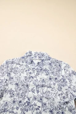 Clearance Dear-Lover Floral Bell Sleeve Mock Neck Crop Mesh Top Sky Blue