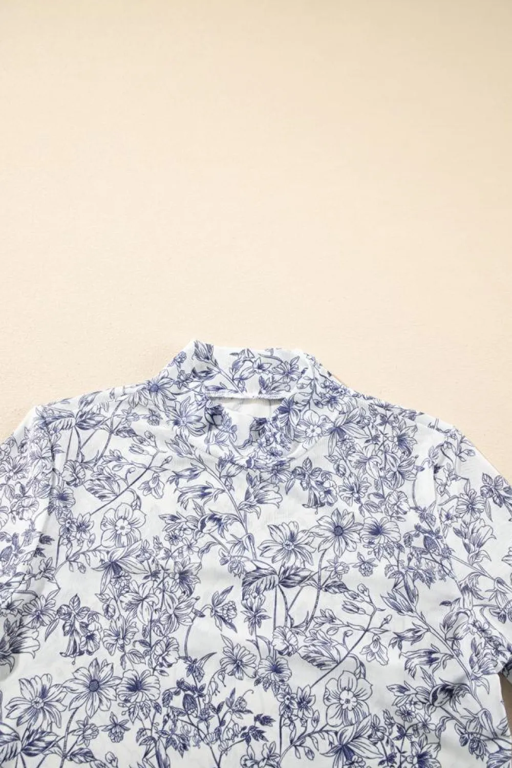 Clearance Dear-Lover Floral Bell Sleeve Mock Neck Crop Mesh Top Sky Blue