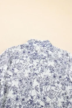 Clearance Dear-Lover Floral Bell Sleeve Mock Neck Crop Mesh Top Sky Blue