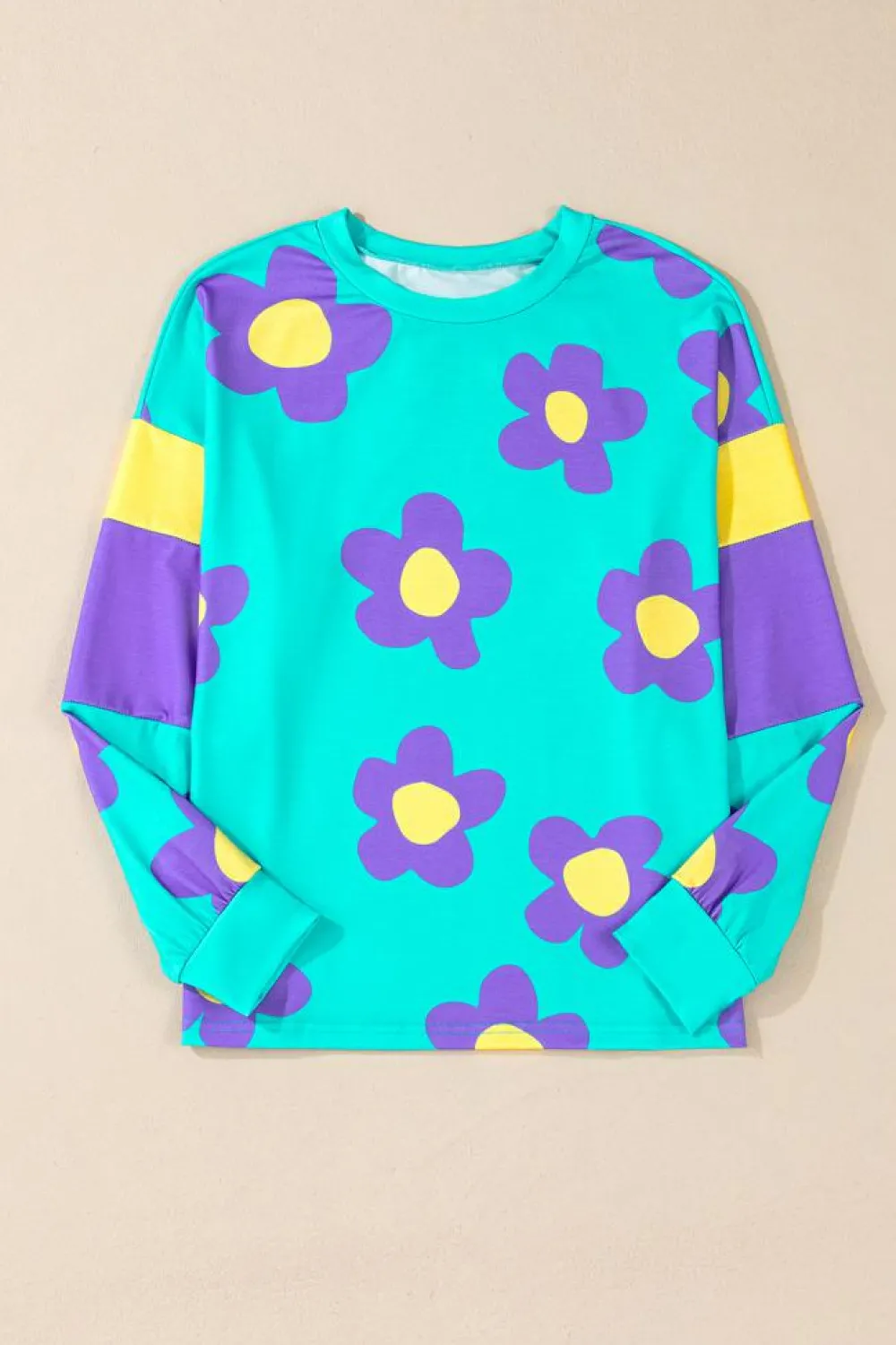 Outlet Dear-Lover Floral Color Block Long Sleeve Loose Top Sky Blue