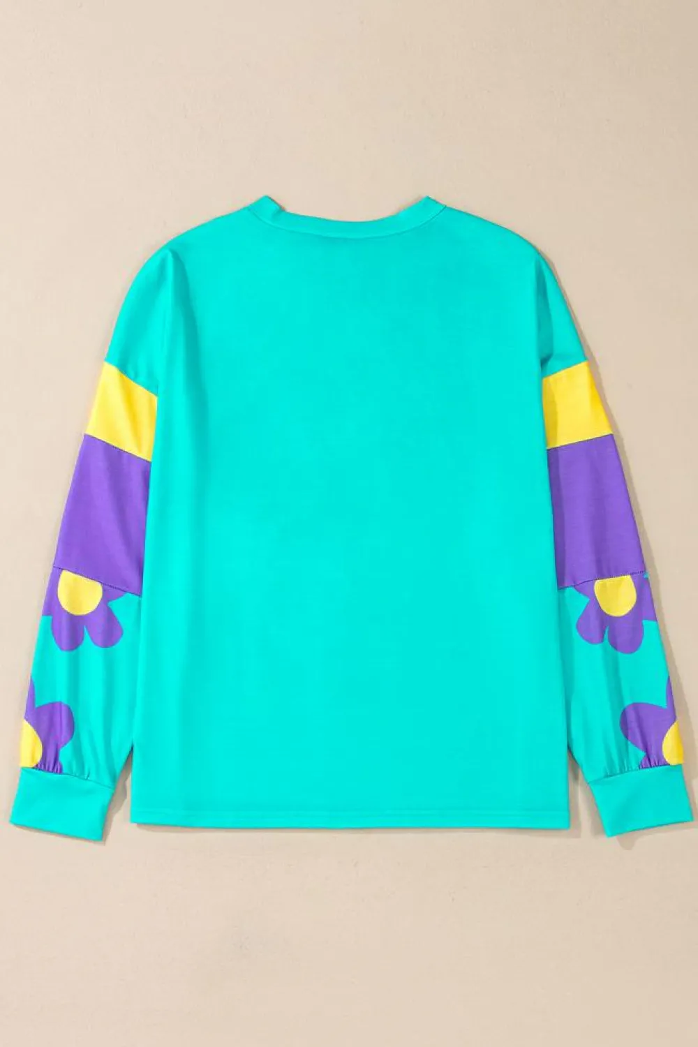 Outlet Dear-Lover Floral Color Block Long Sleeve Loose Top Sky Blue