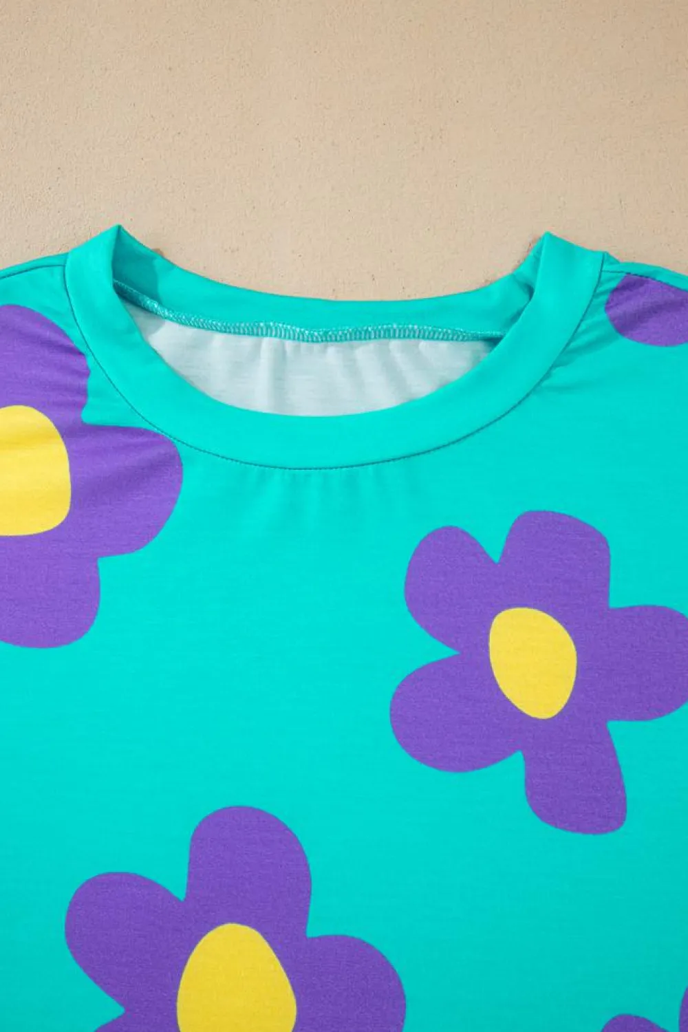 Outlet Dear-Lover Floral Color Block Long Sleeve Loose Top Sky Blue