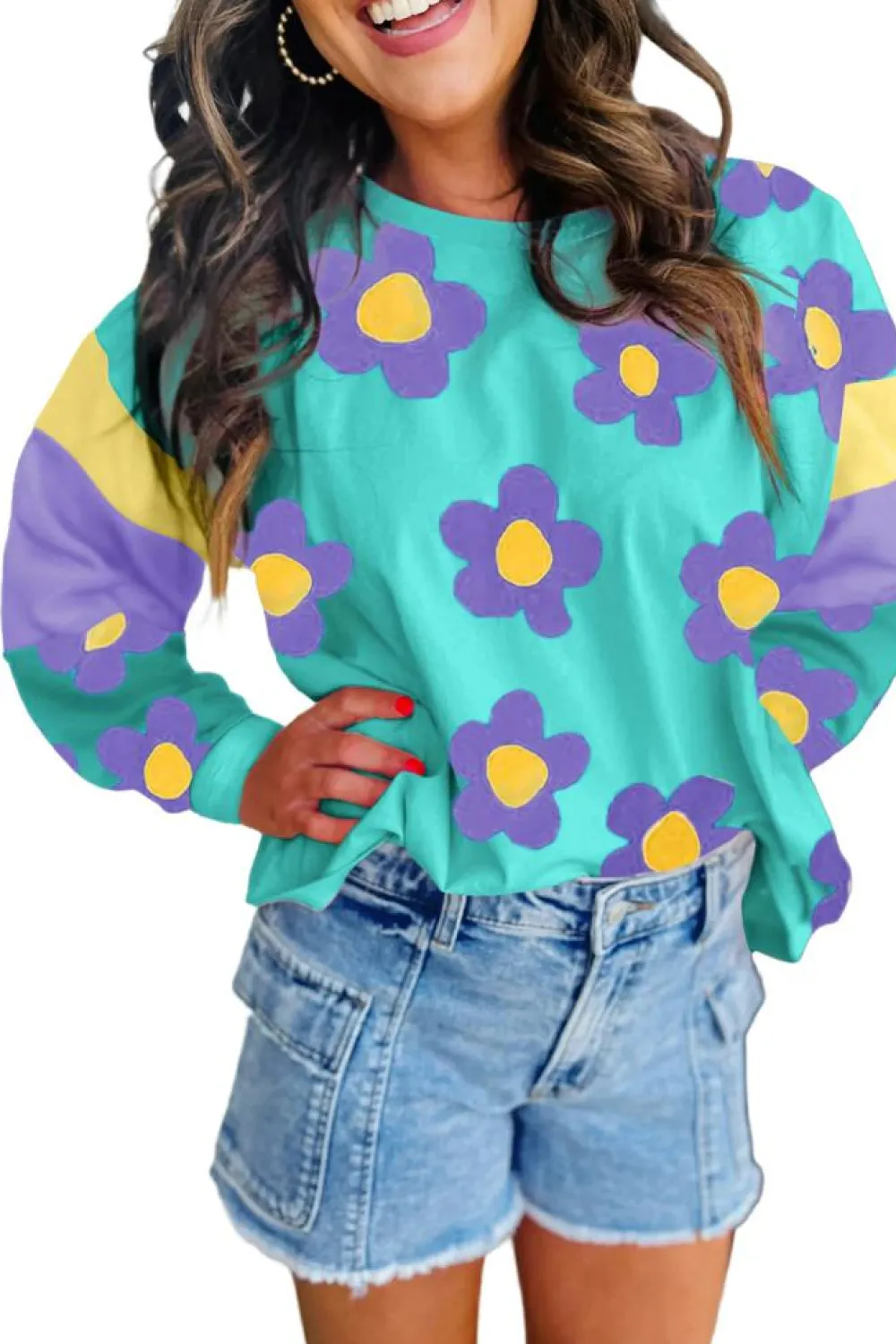 Outlet Dear-Lover Floral Color Block Long Sleeve Loose Top Sky Blue