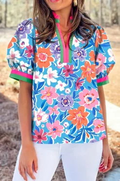 Hot Dear-Lover Floral Colorblock Edge Puff Sleeve Split Neck Blouse Sky Blue