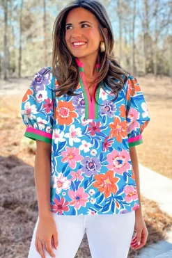 Hot Dear-Lover Floral Colorblock Edge Puff Sleeve Split Neck Blouse Sky Blue