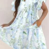 Sale Dear-Lover Floral Contrast Edge Layered Short Sleeve Mini Dress Sky Blue