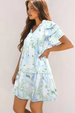 Sale Dear-Lover Floral Contrast Edge Layered Short Sleeve Mini Dress Sky Blue