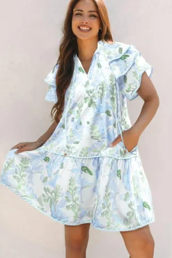 Sale Dear-Lover Floral Contrast Edge Layered Short Sleeve Mini Dress Sky Blue
