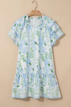 Sale Dear-Lover Floral Contrast Edge Layered Short Sleeve Mini Dress Sky Blue