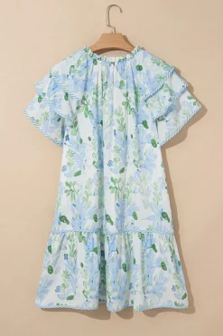 Sale Dear-Lover Floral Contrast Edge Layered Short Sleeve Mini Dress Sky Blue