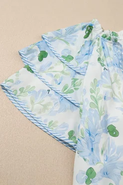Sale Dear-Lover Floral Contrast Edge Layered Short Sleeve Mini Dress Sky Blue