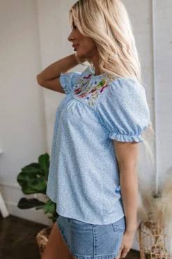 Discount Dear-Lover Floral Embroidered Puff Sleeve Notched V Neck Blouse Sky Blue
