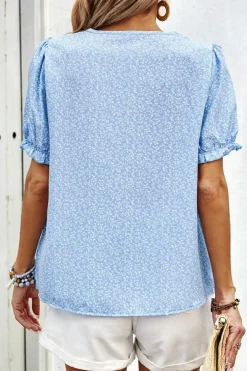 Discount Dear-Lover Floral Embroidered Puff Sleeve Notched V Neck Blouse Sky Blue