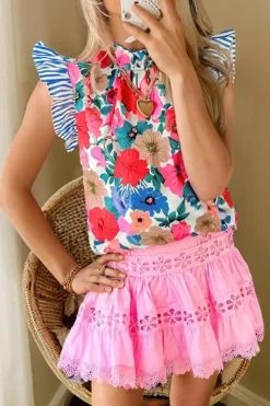 Online Dear-Lover Floral Mock Neck Striped Flutter Sleeve Blouse Sky Blue