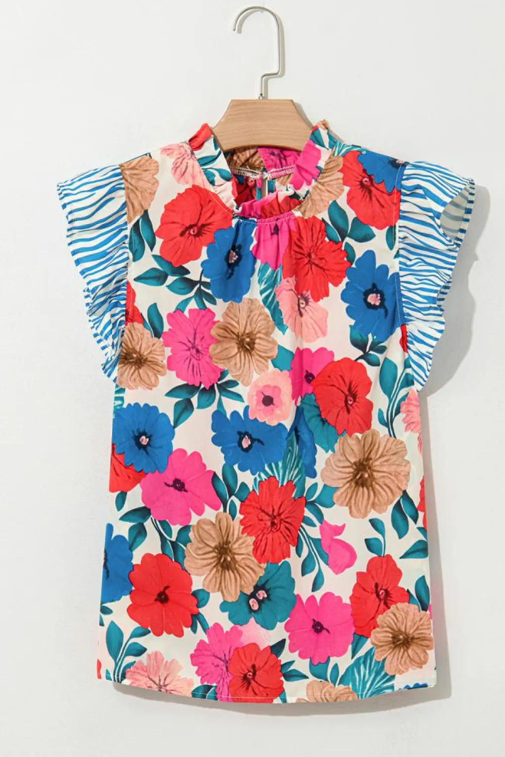 Online Dear-Lover Floral Mock Neck Striped Flutter Sleeve Blouse Sky Blue