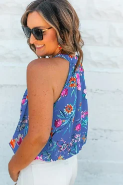 Hot Dear-Lover Floral Print Buttoned Neckline Tank Top Sky Blue