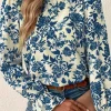New Dear-Lover Floral Print Flounce Sleeve Keyhole Back Blouse Sky Blue