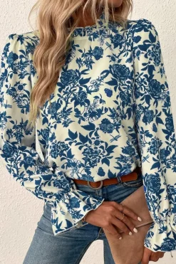 New Dear-Lover Floral Print Flounce Sleeve Keyhole Back Blouse Sky Blue