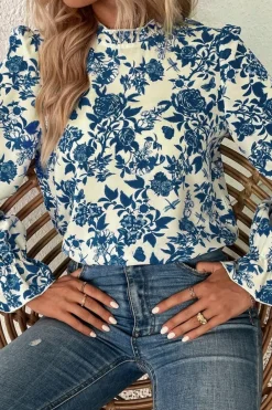 New Dear-Lover Floral Print Flounce Sleeve Keyhole Back Blouse Sky Blue