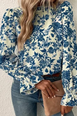 New Dear-Lover Floral Print Flounce Sleeve Keyhole Back Blouse Sky Blue
