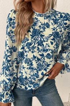 New Dear-Lover Floral Print Flounce Sleeve Keyhole Back Blouse Sky Blue