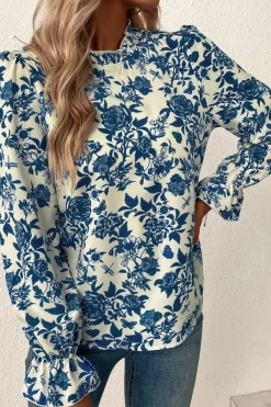 New Dear-Lover Floral Print Flounce Sleeve Keyhole Back Blouse Sky Blue