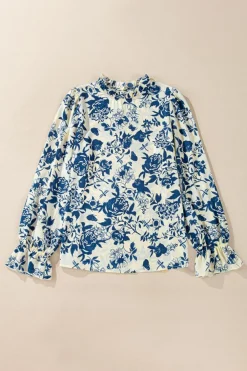 New Dear-Lover Floral Print Flounce Sleeve Keyhole Back Blouse Sky Blue