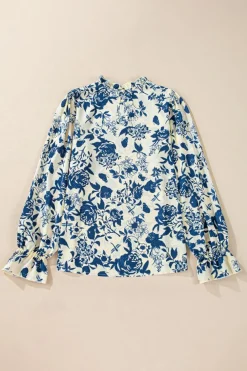 New Dear-Lover Floral Print Flounce Sleeve Keyhole Back Blouse Sky Blue