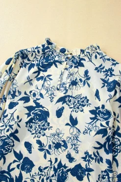New Dear-Lover Floral Print Flounce Sleeve Keyhole Back Blouse Sky Blue