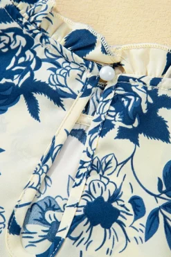 New Dear-Lover Floral Print Flounce Sleeve Keyhole Back Blouse Sky Blue