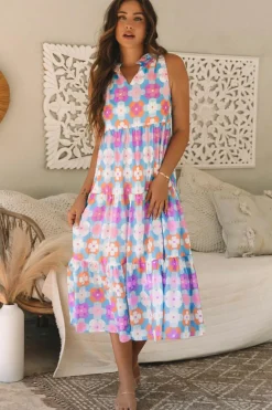Sale Dear-Lover Floral Print Frilly Neck Sleeveless Tiered Maxi Dress Sky Blue
