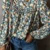 Clearance Dear-Lover Floral Print Frilled Mock Neck Puff Sleeve Blouse Sky Blue