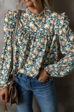 Clearance Dear-Lover Floral Print Frilled Mock Neck Puff Sleeve Blouse Sky Blue