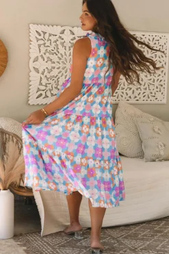 Sale Dear-Lover Floral Print Frilly Neck Sleeveless Tiered Maxi Dress Sky Blue