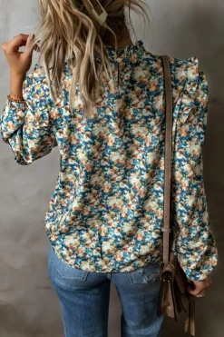 Clearance Dear-Lover Floral Print Frilled Mock Neck Puff Sleeve Blouse Sky Blue