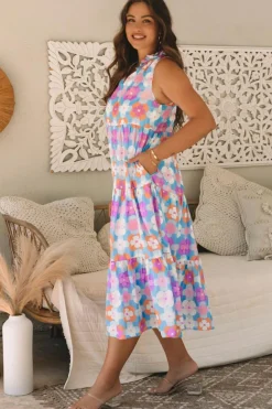 Sale Dear-Lover Floral Print Frilly Neck Sleeveless Tiered Maxi Dress Sky Blue