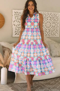 Sale Dear-Lover Floral Print Frilly Neck Sleeveless Tiered Maxi Dress Sky Blue